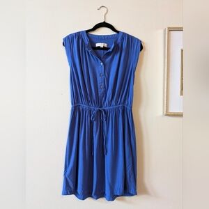 LOFT Blue Ruched Tie Front Midi Sundress, Sz. Medium